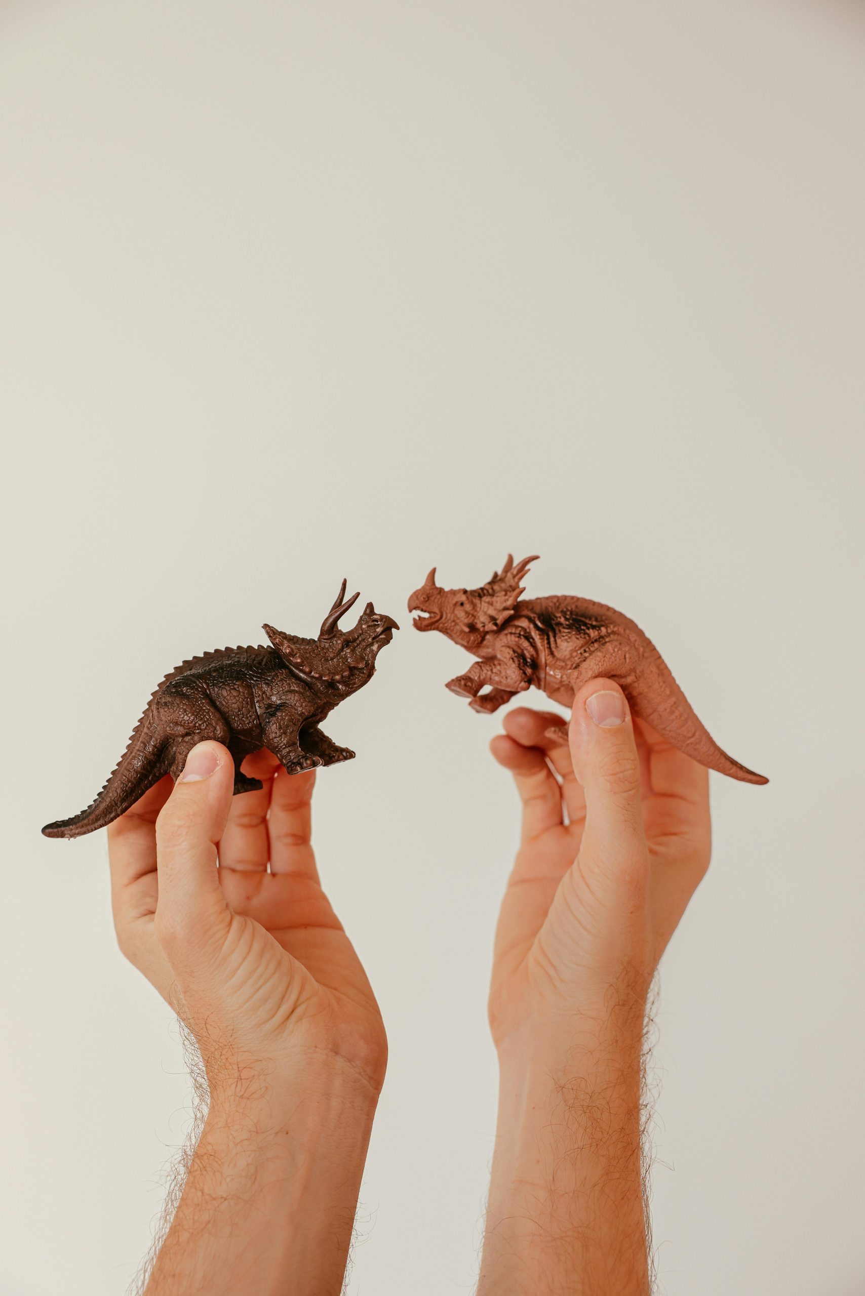 Close-up of two hands holding dinosaur figurines against a plain white background.